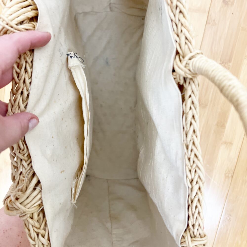 Vintage Woven Straw Tote Bag Boho Market Basket Painted Tribal Aztec Detail - Picture 9 of 11